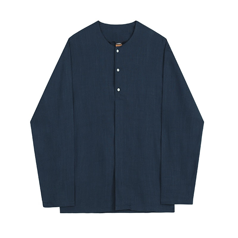 [Korean Style] Dark Blue Casual Collarless Shirts