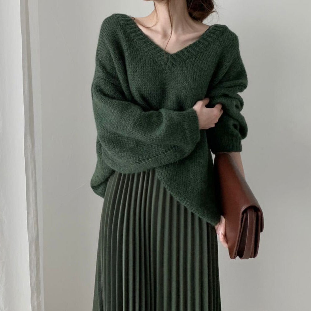 [Korean Style] Maritza Oversized V-neck Sweater w/ Pleated Skirt 2 Piece Set