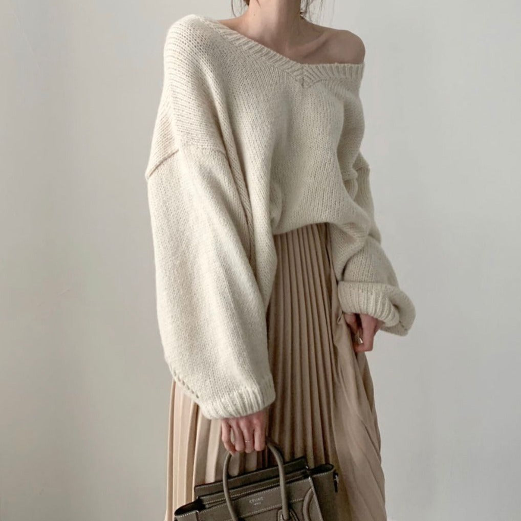 [Korean Style] Maritza Oversized V-neck Sweater w/ Pleated Skirt 2 Piece Set
