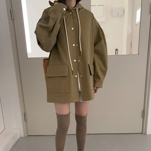 [Korean Style] Jayla Single Breasted Loose Fit Hooded Overcoat