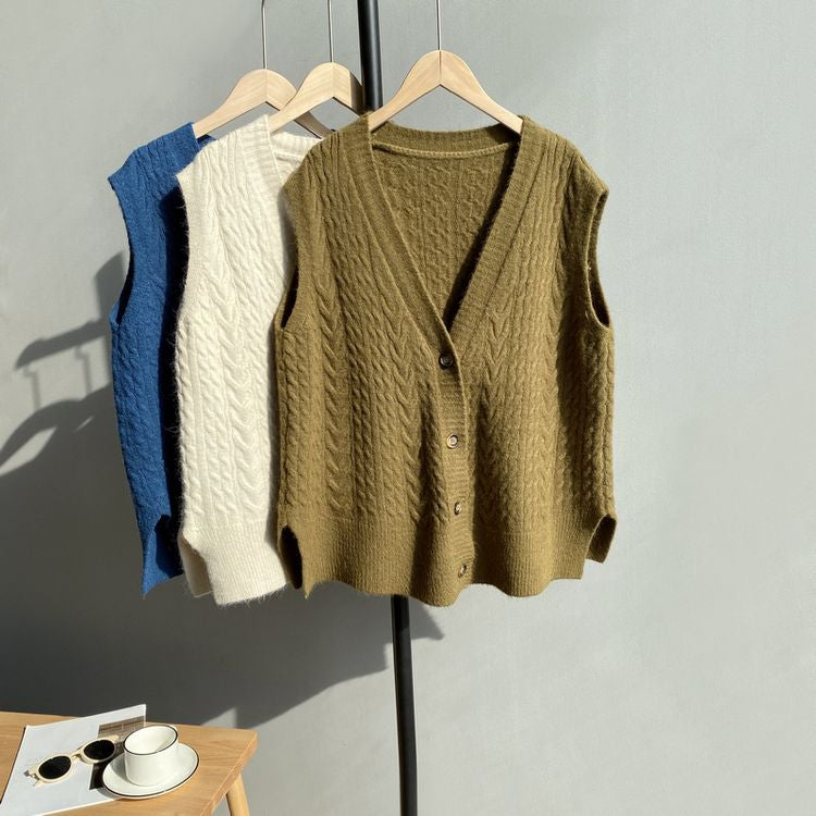 [Korean Style] Bojin V-neck Loose Fit Single breasted Knit Vest