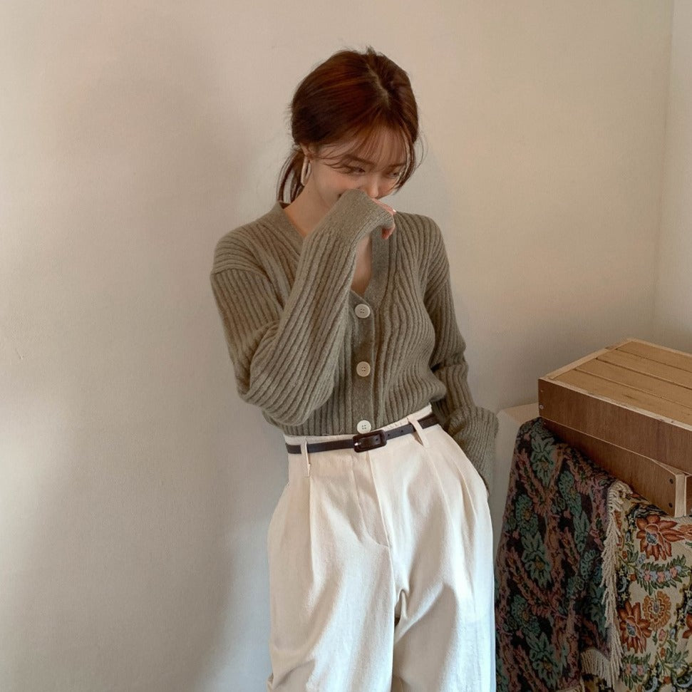 [Korean Style] Boa Rib Knit V neck Cardigan Top