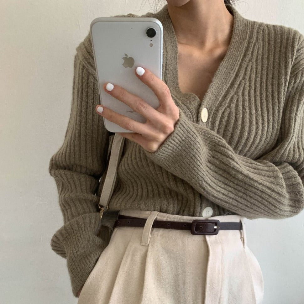 [Korean Style] Boa Rib Knit V neck Cardigan Top