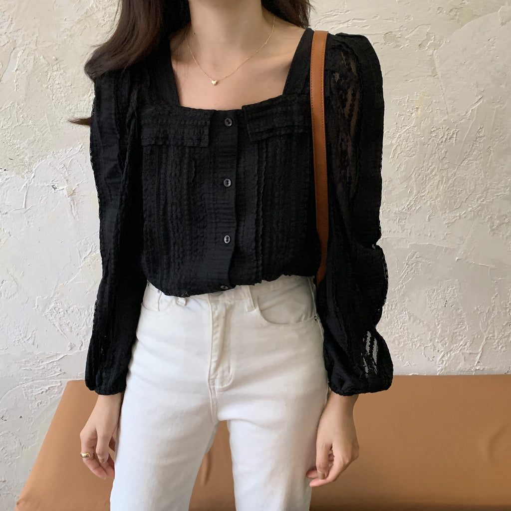 [Korean Style] Venchni Square Neck Lace Blouse