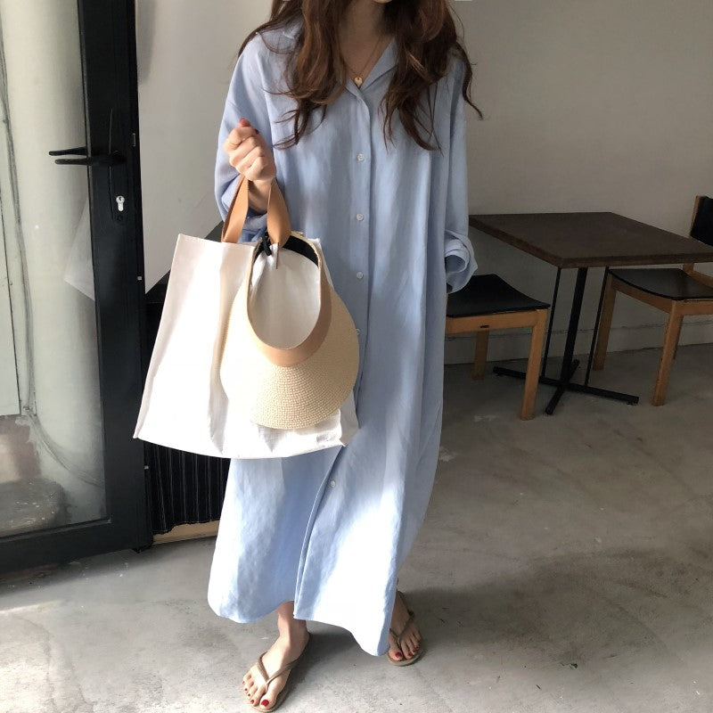 [Korean Style] 5 Colors Oversized Textured Maxi Cotton Shirtdress