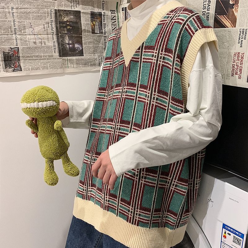 [Korean Style] Plaid Woolen V-neck Sweaters