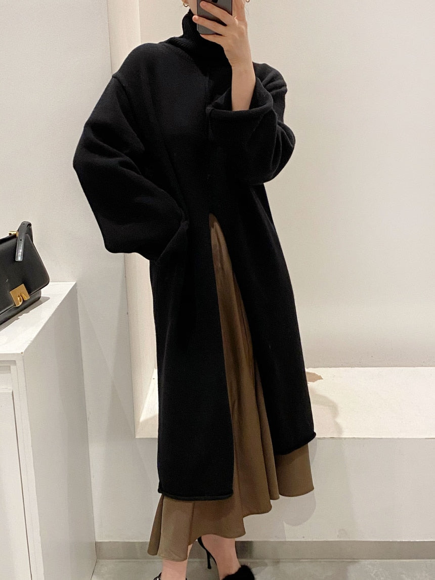 [Korean Style] Fleur Front Slit Long Sweater Turtleneck