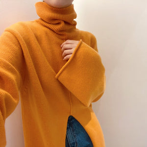 [Korean Style] Fleur Front Slit Long Sweater Turtleneck