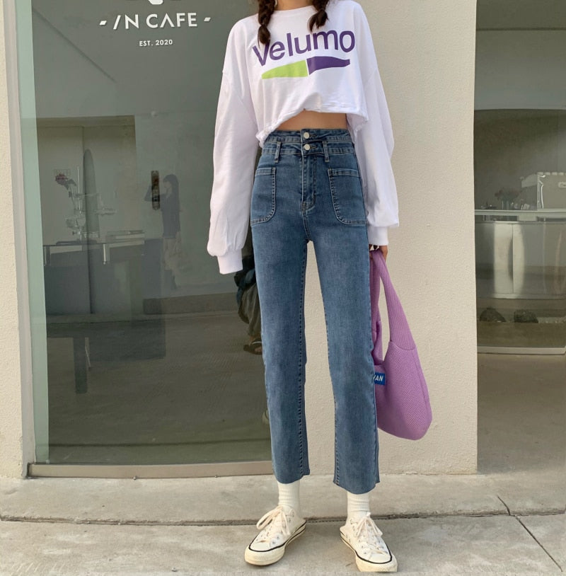 [Korean Style] Alitzia Double Button Cropped Straight Jeans