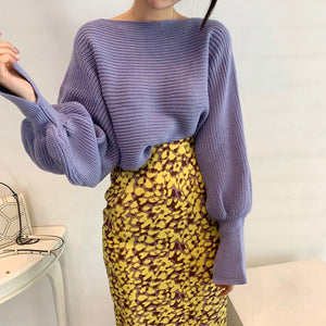 [Korean Style] Letitia Boat Collar Sweater w/ Slit Sleeves Pattern Pencil Skirt Set