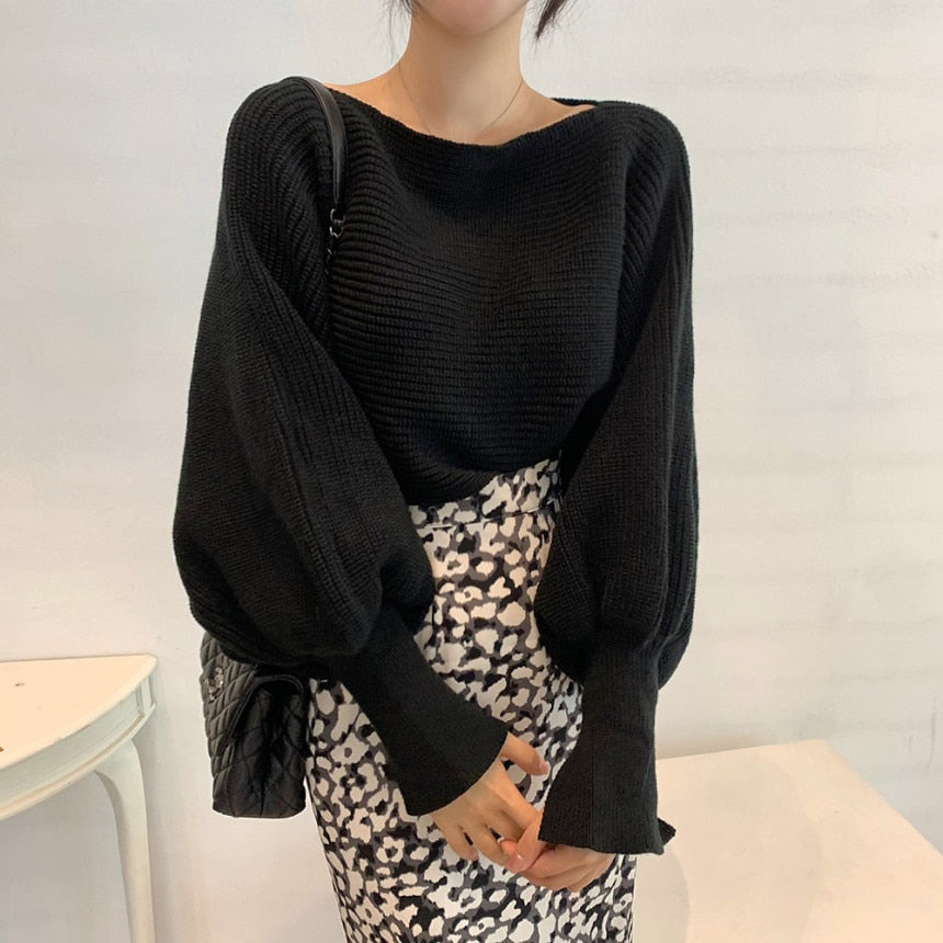 [Korean Style] Letitia Boat Collar Sweater w/ Slit Sleeves Pattern Pencil Skirt Set