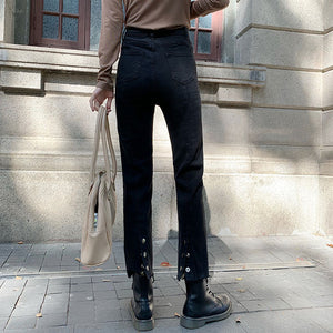 [Korean Style] Iola Hight Waisted Straight Slit Jeans with Buttons