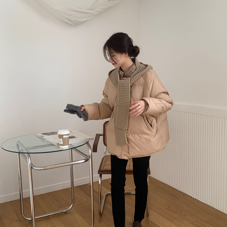[Korean Style] Patrie Collarless Puffer Jacket w/ Knit Hood Scarf