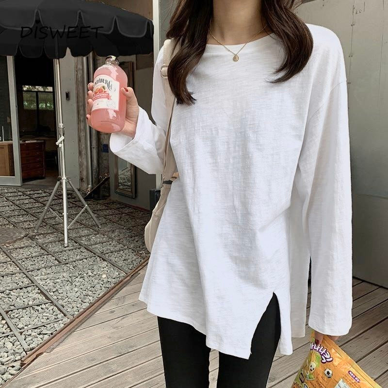 [Korean Style] Raya Solid Color Base Long Sleeve Base T-shirt w/ Side Slit