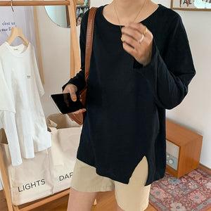 [Korean Style] Raya Solid Color Base Long Sleeve Base T-shirt w/ Side Slit