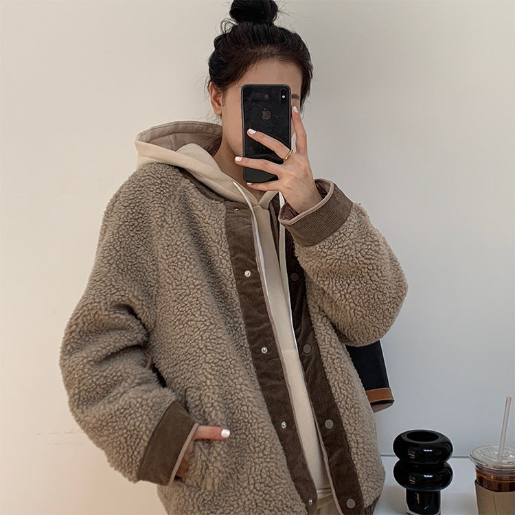 [Korean Style] Sunnie Collarless Corduroy Shearling Jacket