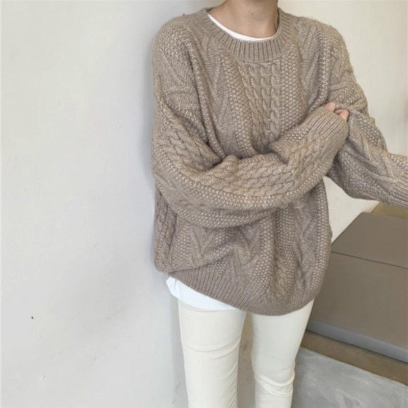 [Korean Style] Borrina Long Sleeve Thick Cable Knit Pullover Sweater