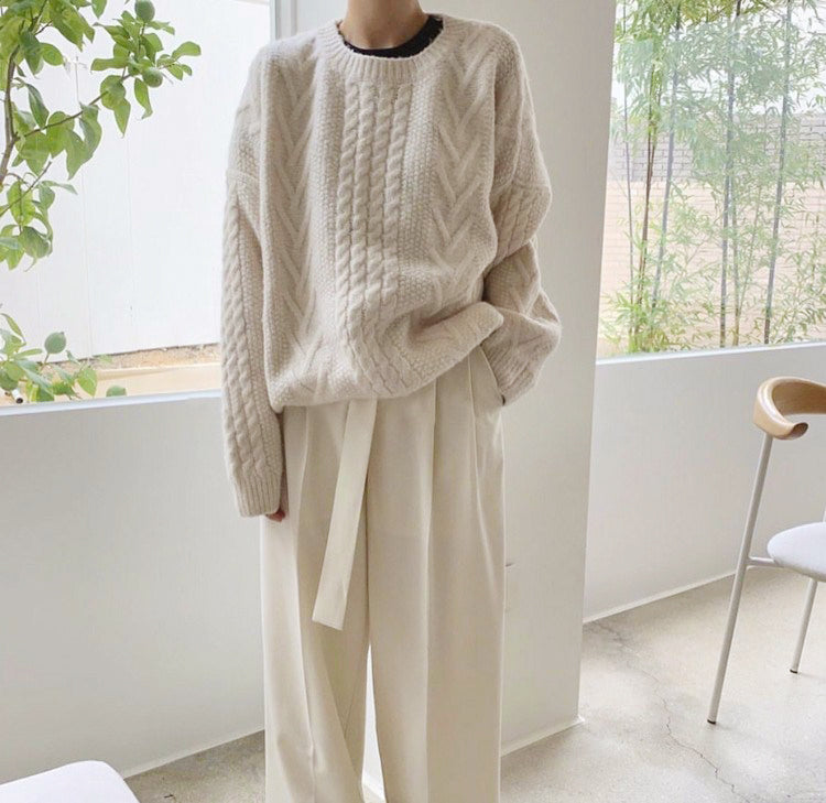 [Korean Style] Borrina Long Sleeve Thick Cable Knit Pullover Sweater