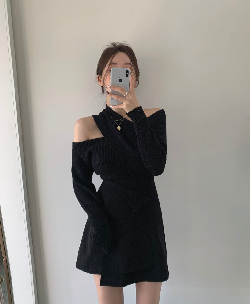 [Korean Style] Renna Cut-off Knit Wrap Top Skirt 2 pc Set