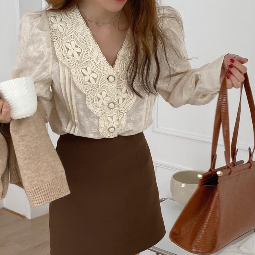 [Korean Style] Elliona Lace Embroidery Blouse.w/ Mini Skirt 2 pc Set