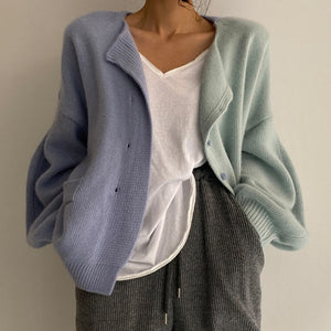 [Korean Style] Bicolor Patch Cardigan Knit Top