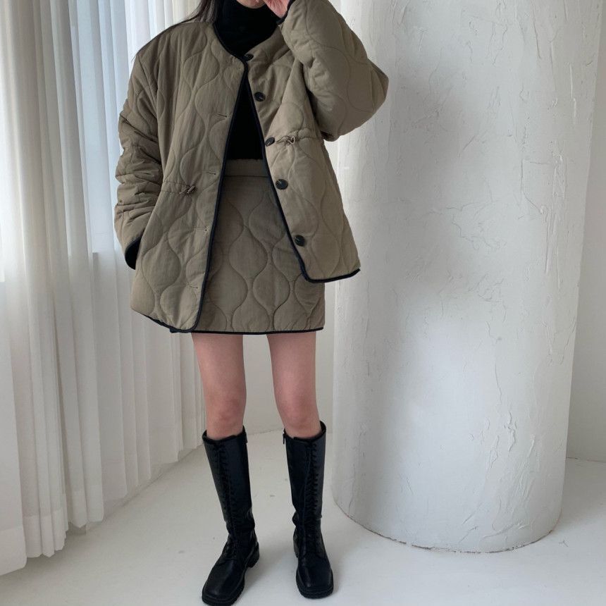[Korean Style] Shein Quilted Collarless Jacket Skirt 2pc Set