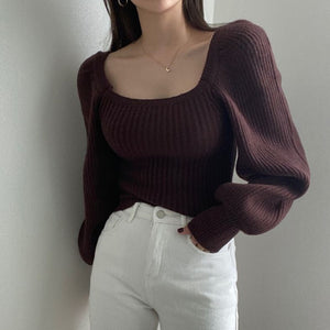 [Korean Style] Debbie Square Collared Knit Top w/ Puffy Sleeve