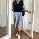 [Korean Style] Lizette Midi Shirt Dress Navy Sleeveless Knit Vest