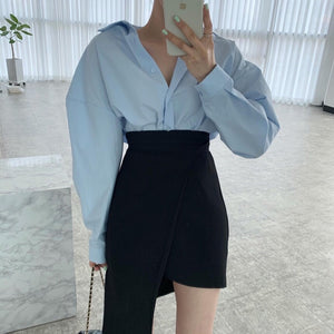 [Korean Style] Kellie Solid Color Shirt w/ Irregular Wrap Mini Skirt 2 pc Set