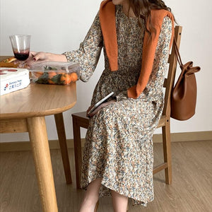 [Korean Style] Round Neck Long Sleeve Floral Print Midi Dress