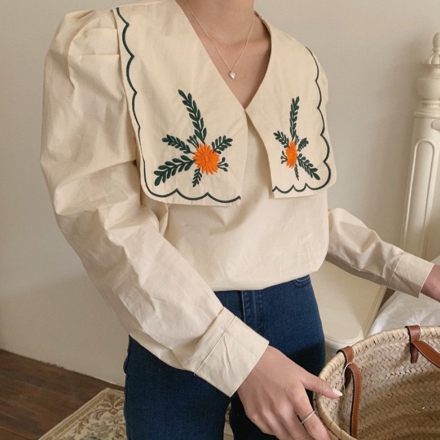 [Korean Style] Embroidery Sailor Collared Long Sleeve Blouse
