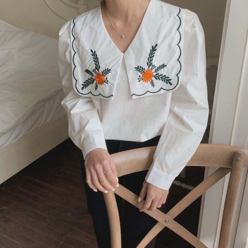 [Korean Style] Embroidery Sailor Collared Long Sleeve Blouse