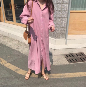 [Korean Style] Berry Solid Color Long Sleeve Maxi Shirt Dress