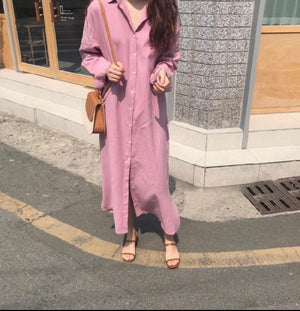 [Korean Style] Berry Solid Color Long Sleeve Maxi Shirt Dress