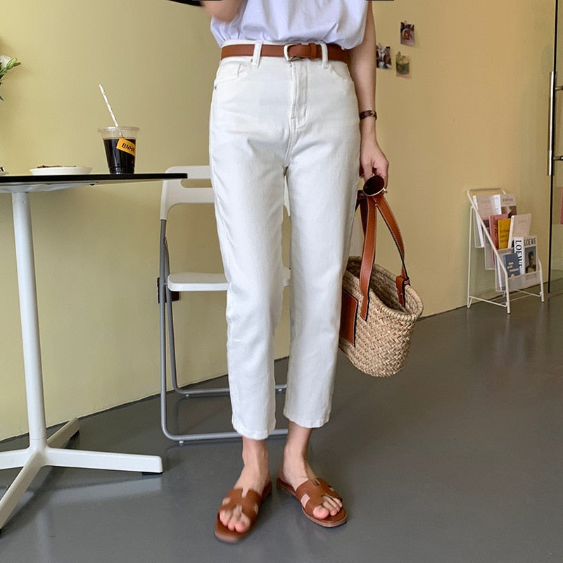 [Korean Style]Cream White Khaki Cinched High Waist Cropped Straight Jeans