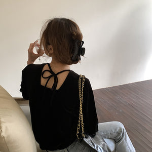 [Korean Style] Long Sleeve Back String Black Velvet Top w/ Puff Sleeves