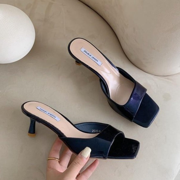 [Korean Style] Patent Finish Square Toe Kitten Heeled Slide Sandal