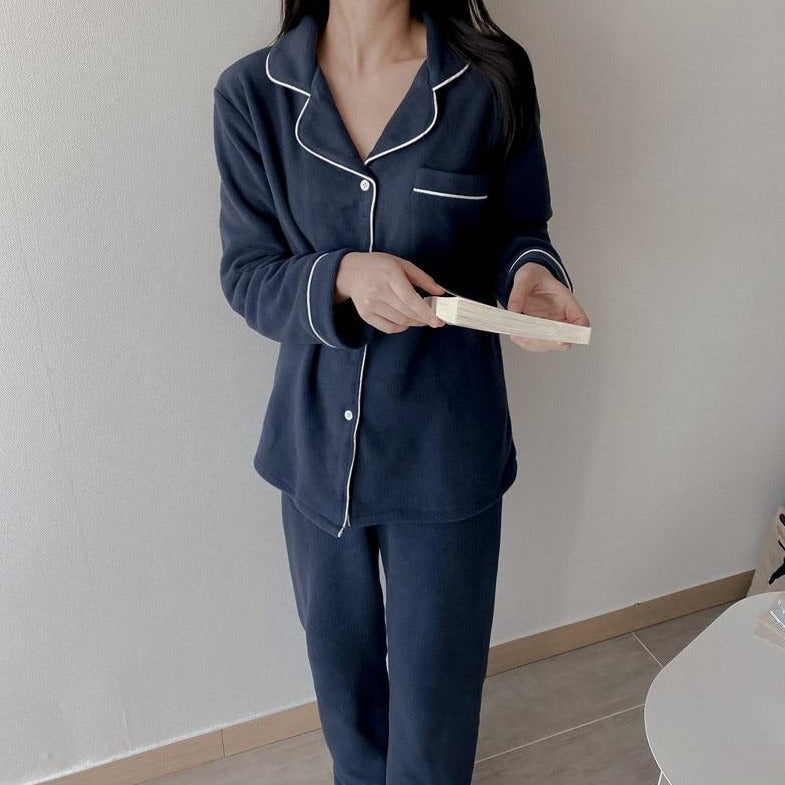[Korean Style] Solid Navy Pipping 2 pc Pajama Set