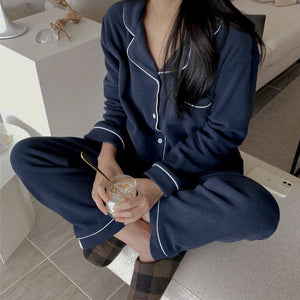 [Korean Style] Solid Navy Pipping 2 pc Pajama Set