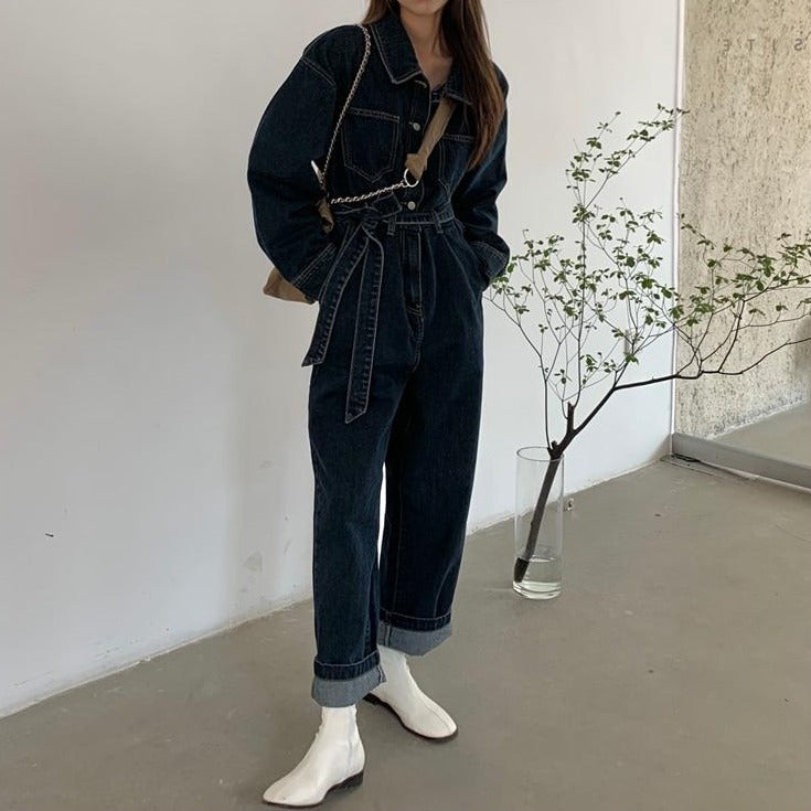 [Korean Style] Christine Denim Belted High Waist Romper Overall