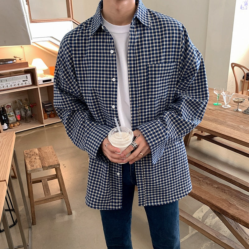 [Korean Style] Blue Oversized Plaid Shirts