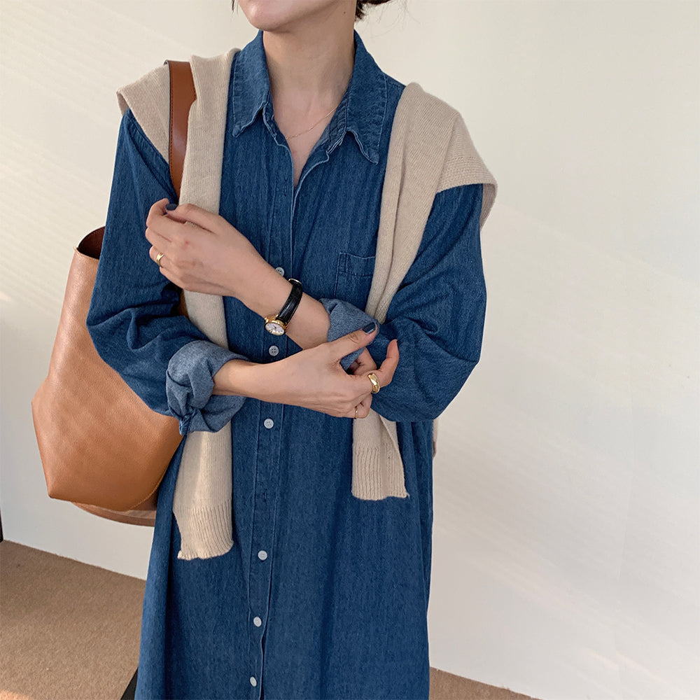 [Korean Style] Kattie Minimal Denim Midi Shirt Dress w/ Beige Knit Shawl