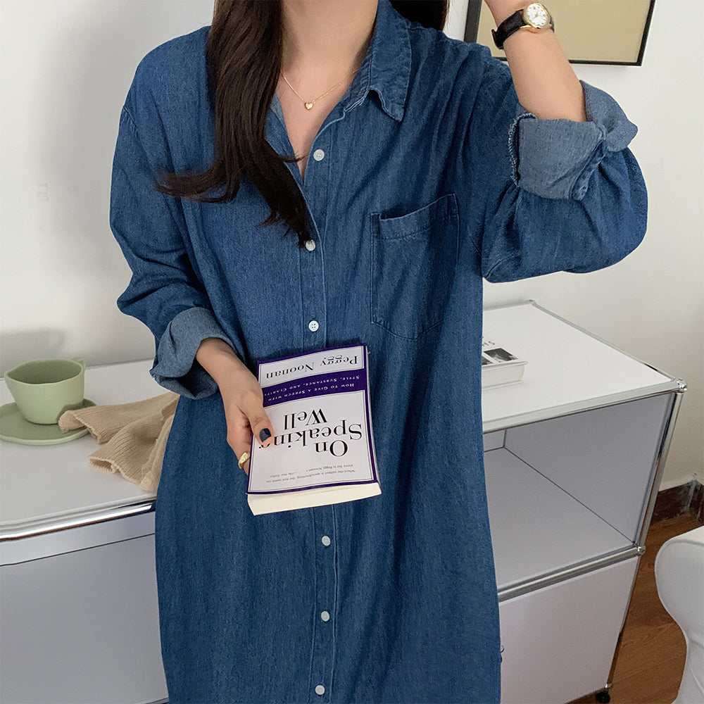 [Korean Style] Kattie Minimal Denim Midi Shirt Dress w/ Beige Knit Shawl