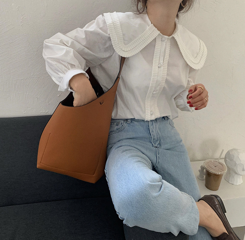 [Korean Style] Solid Color Peter Pan Collar Ruffle Blouse