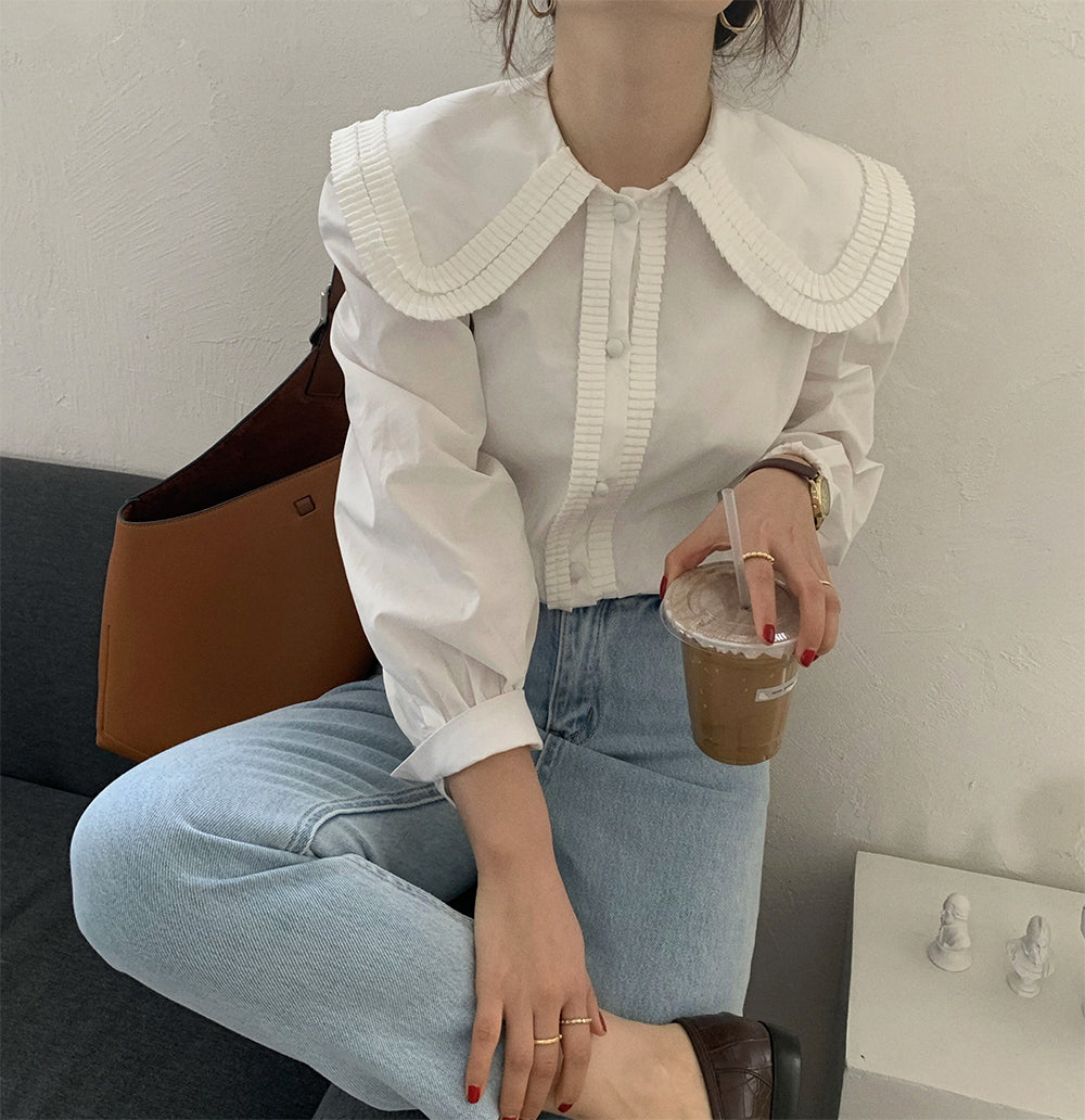 [Korean Style] Solid Color Peter Pan Collar Ruffle Blouse