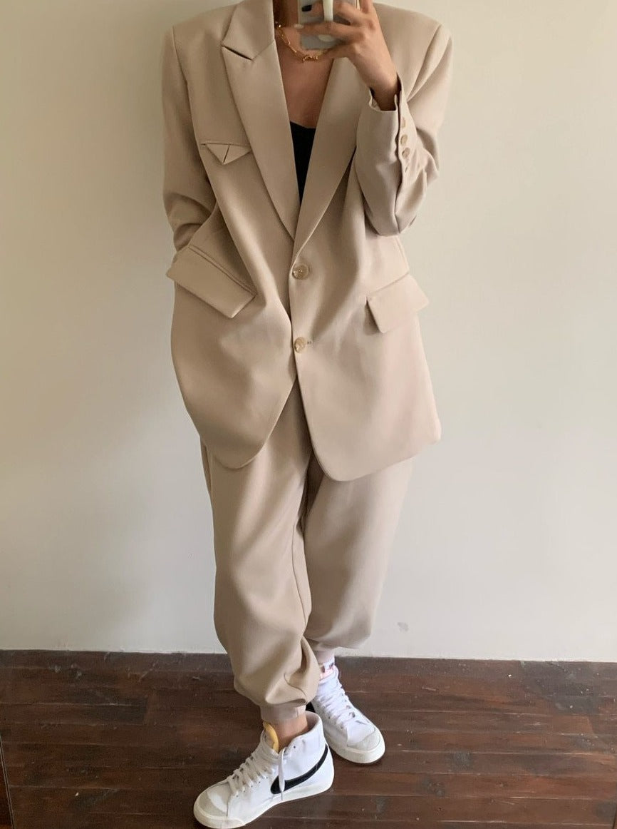 [Korean Style] Oat Matchy Loose Fit Blazer w/ Pleated Trouser with Cinched Leg Opening