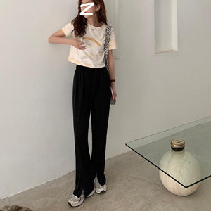 [Korean Style] The LOOK-TALLER & SLIMMER Full Length Cinched Waist Black Slit Flare Pants