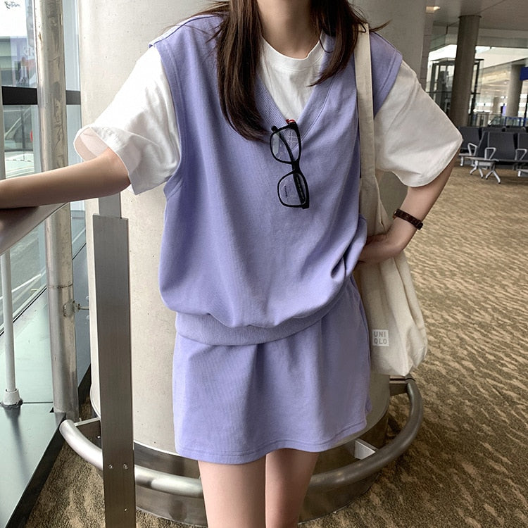 [Korean Style] Solid Color Sweatshirt Vest w/ Drawstring Skirt 2 pc Set
