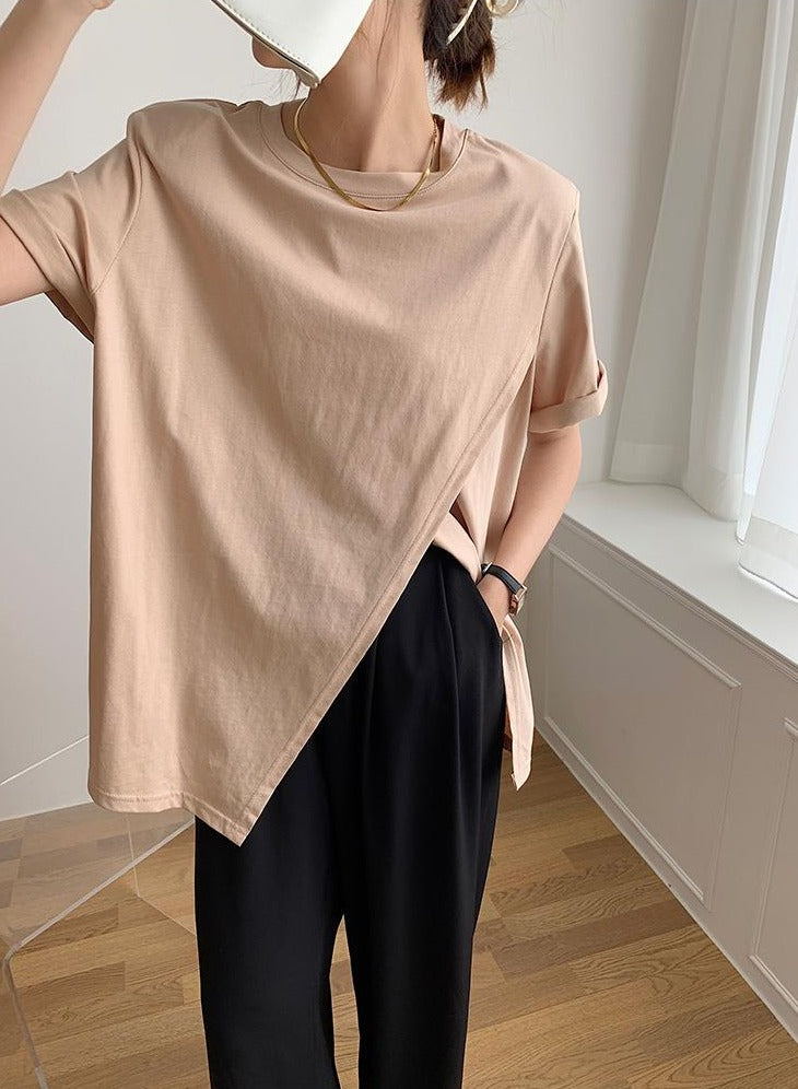 [Korean Style] Solid Color Asymmetry Slit Padded Cotton T-shirts