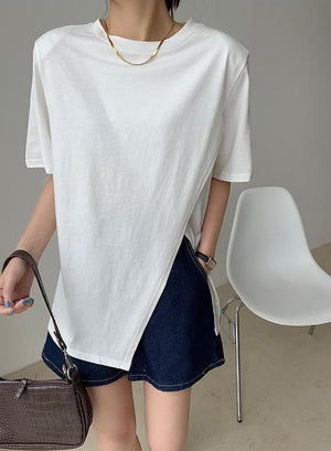 [Korean Style] Solid Color Asymmetry Slit Padded Cotton T-shirts